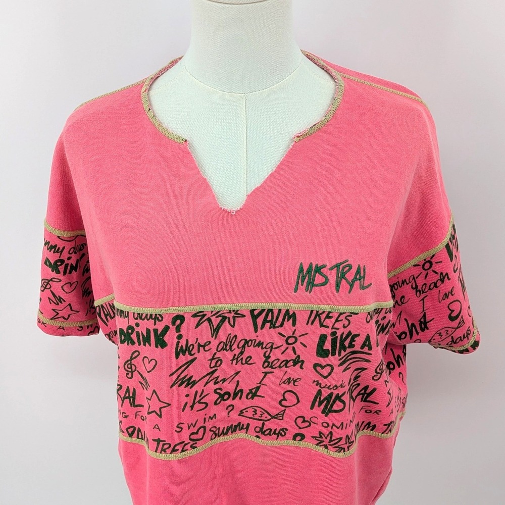 Vintage 90s‎ Surfcore Graphic Tee Pink Mistral Cotton Top S - Picture 5 of 10